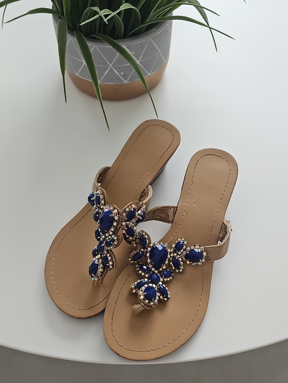Medeline Stuart Embellished Blue T-Strap Women’s Sandals